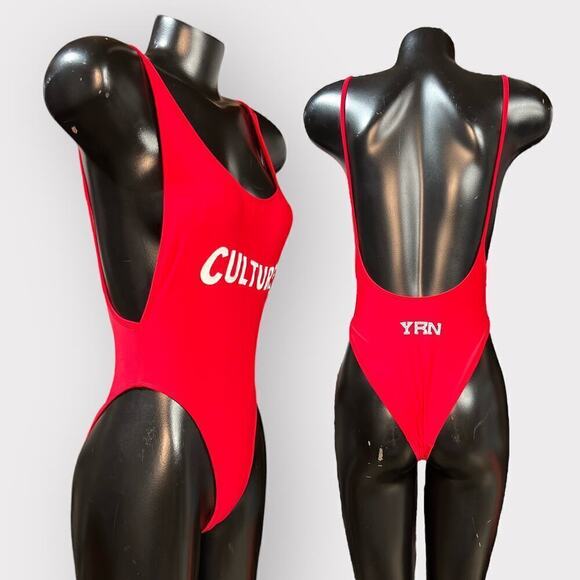 YRN NEW Open Back High Thigh Cheeky One-Piece CULTURE Swimsuit XS Red Lifeguard - Picture 1 of 8